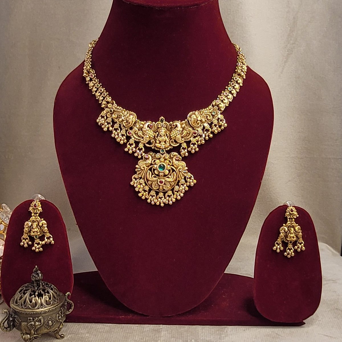 Traditional Gold-Plated Temple Necklace Set with Intricate Lakshmi Pendant
