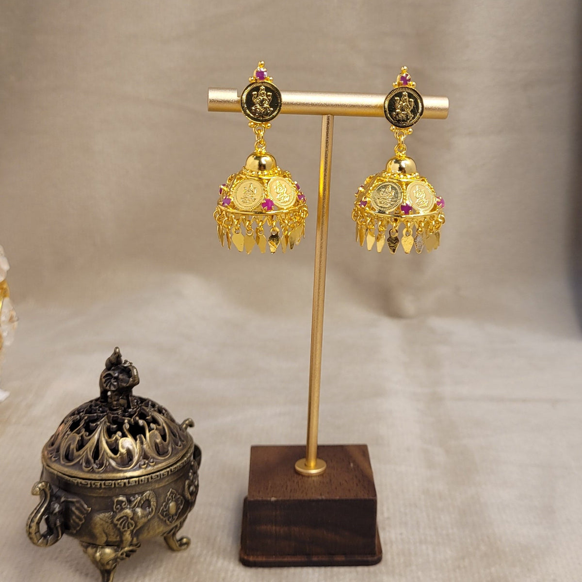 Traditional Gold-Plated Lakshmi Coin Jhumka Earrings