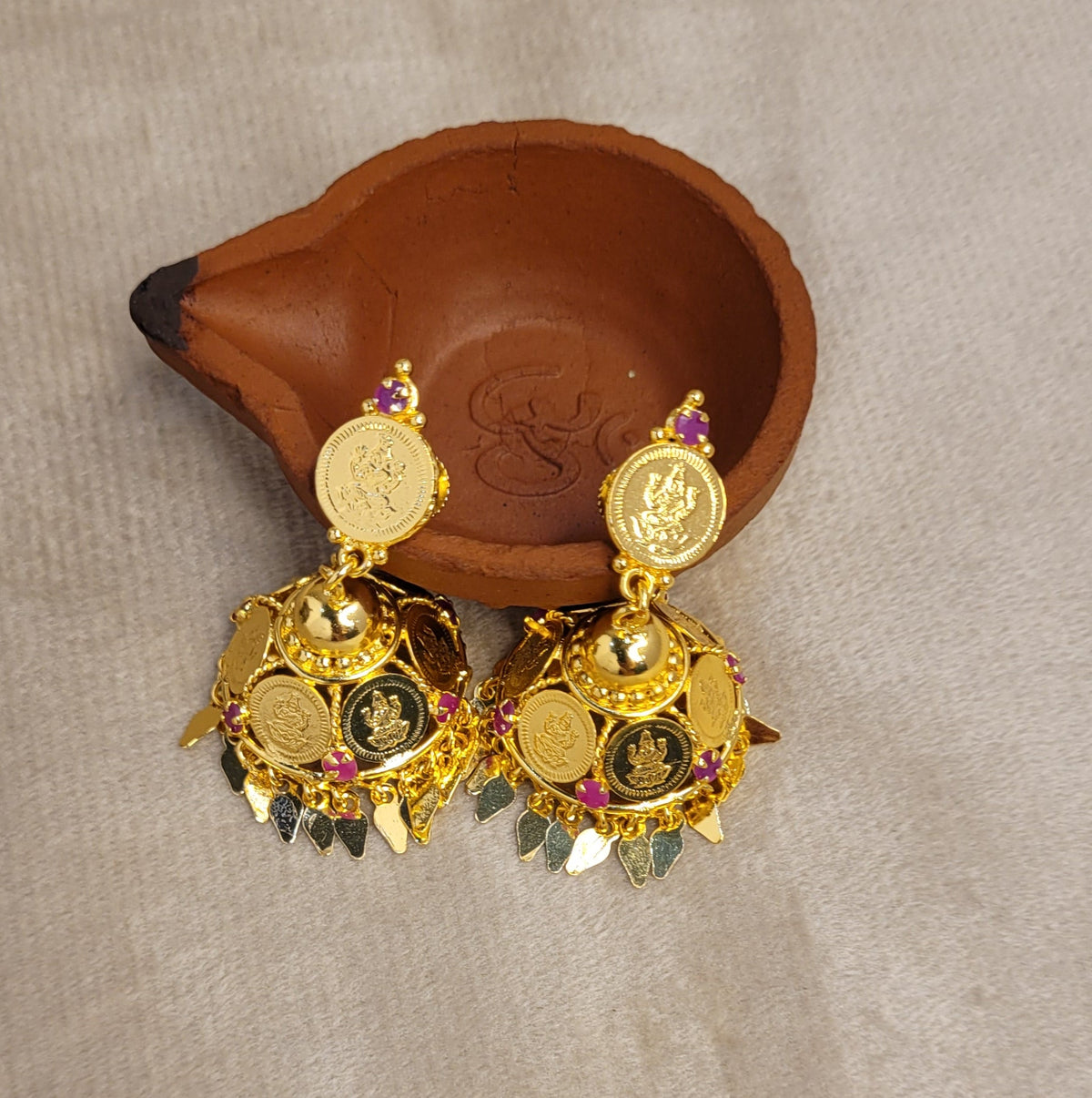 Traditional Gold-Plated Lakshmi Coin Jhumka Earrings