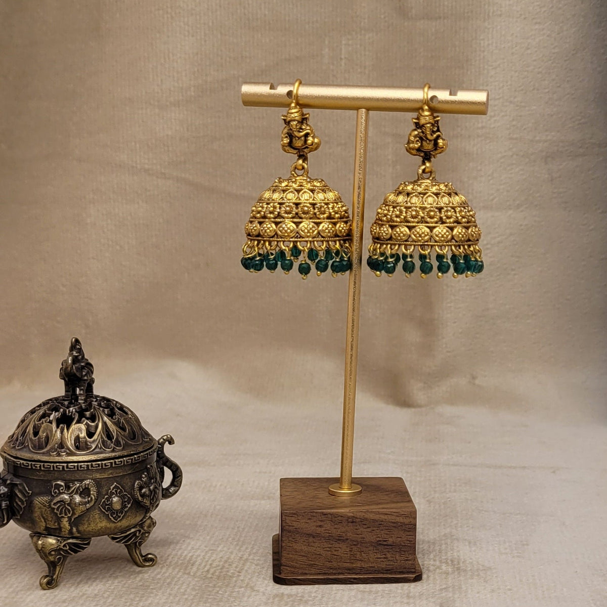 Antique Gold-Finish Ganesh Jhumka Earrings