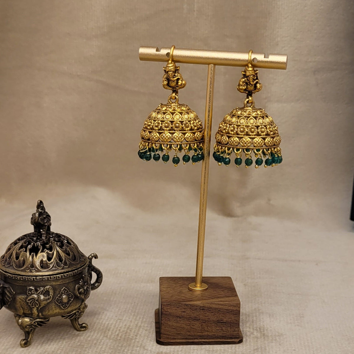 Antique Gold-Finish Ganesh Jhumka Earrings