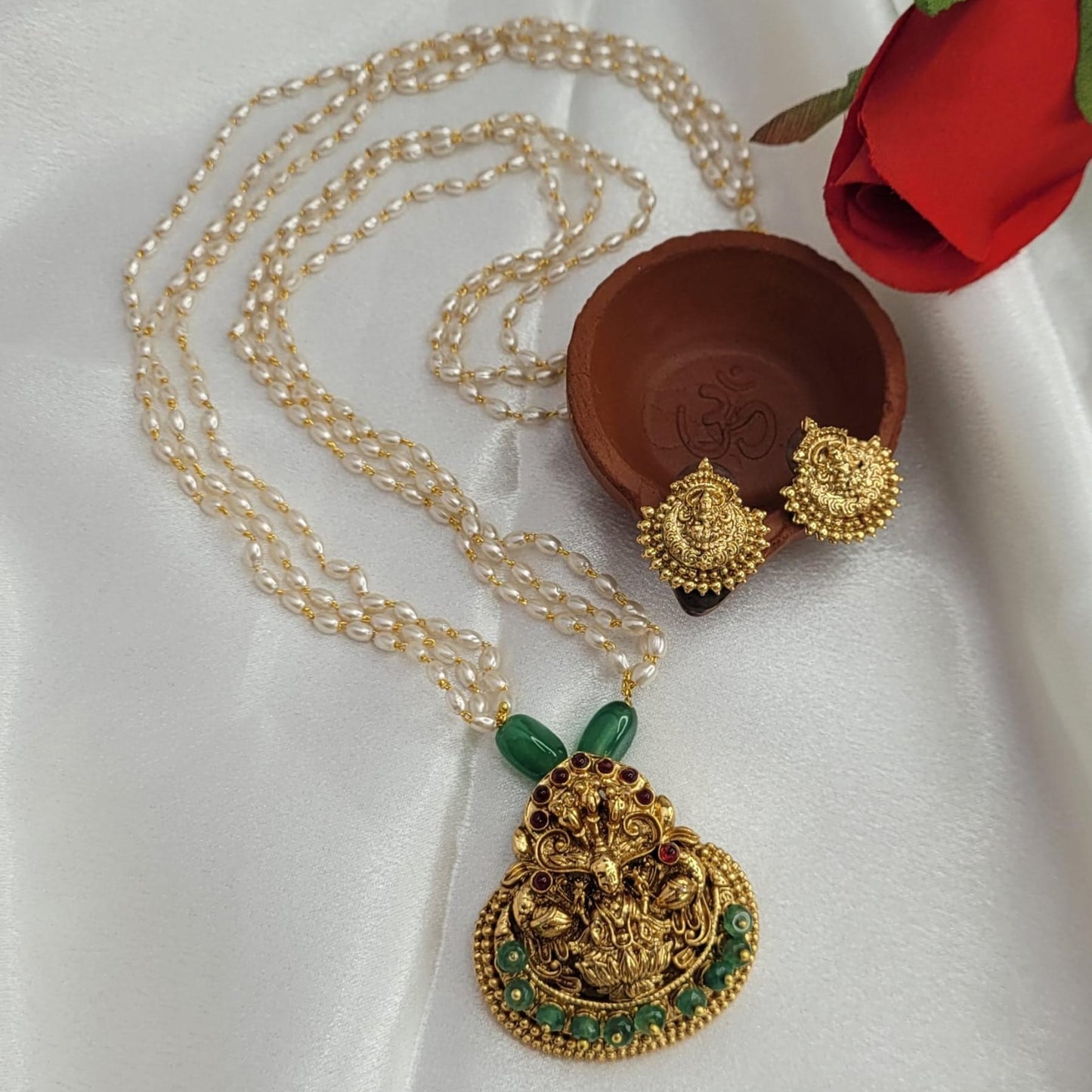 White Beaded Lakshmi Pendant set for Women