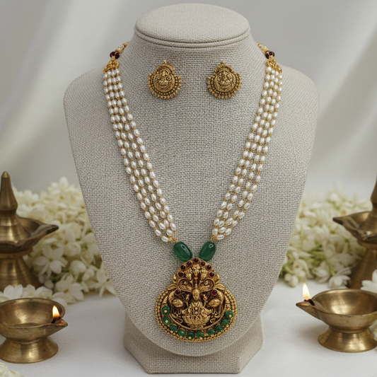 White Beaded Lakshmi Pendant set for Women
