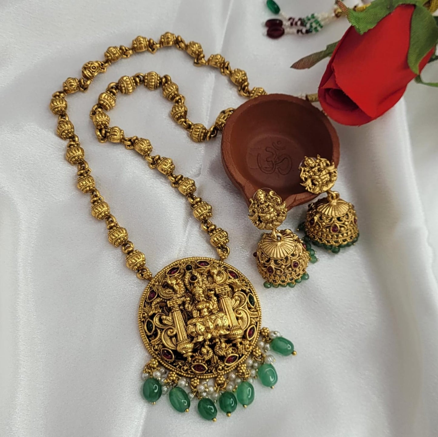 Antique Green pearl- Lakshmi long Pendant set