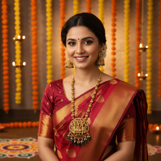 Antique Green pearl- Lakshmi long Pendant set