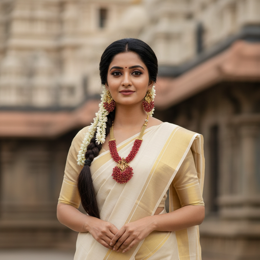 Premium Quality Golden Temple Necklace with Red Pearls