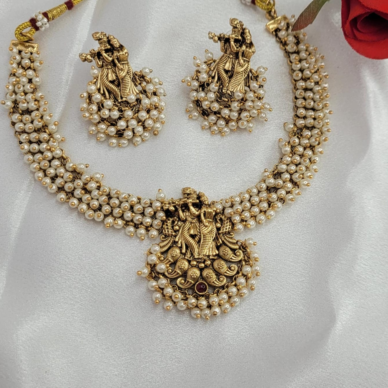 Premium Quality Golden Temple Necklace with White Pearls