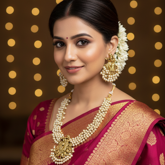 Premium Quality Golden Temple Necklace with White Pearls