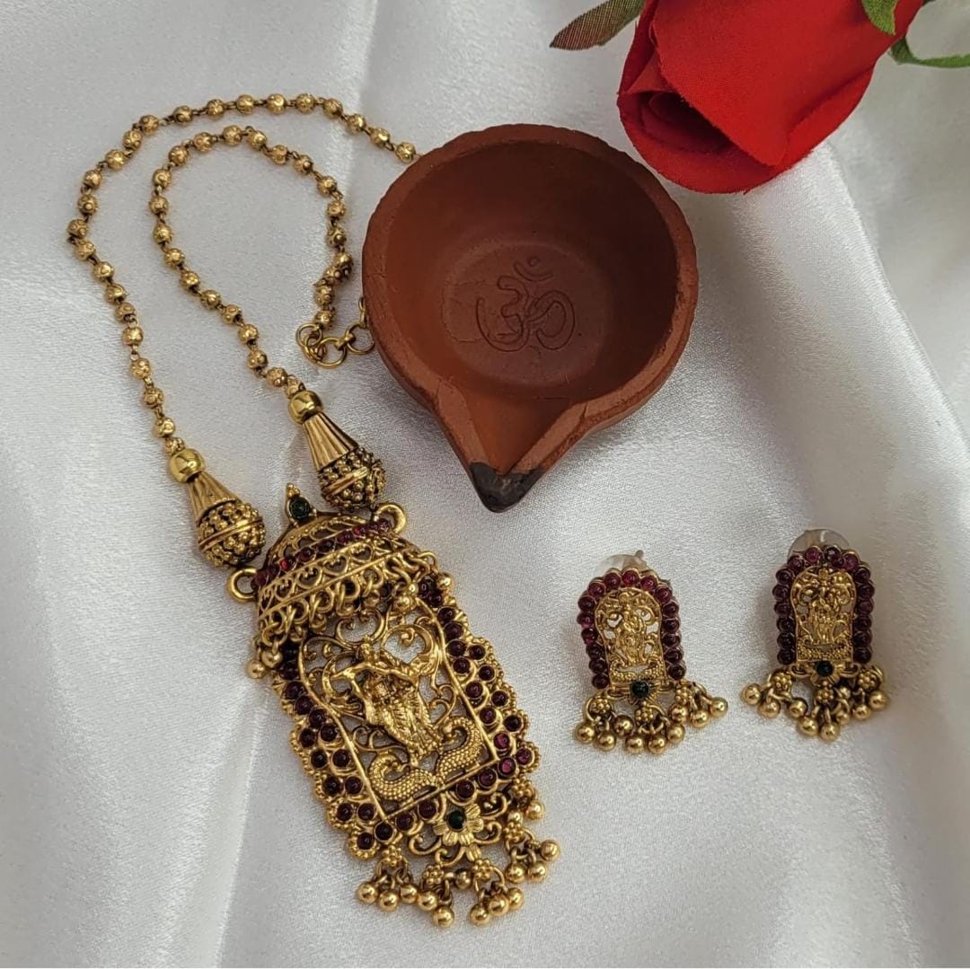 Matte Finish Radha Krishna Pendant set- with Red Gem stone