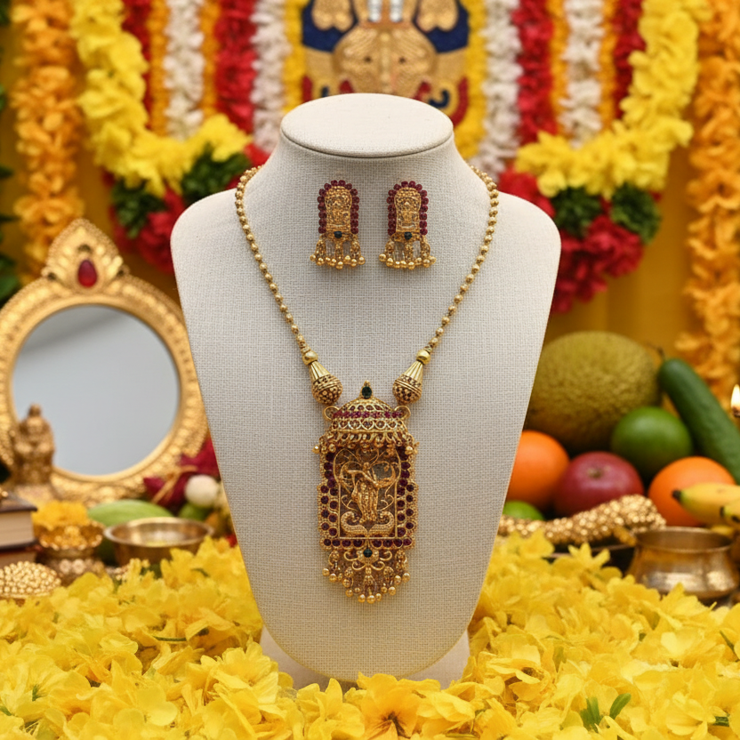 Matte Finish Radha Krishna Pendant set- with Red Gem stone