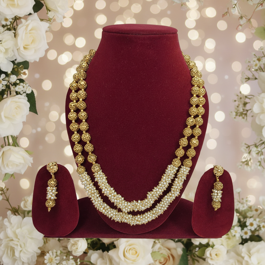 Antique Finish Golden Balls Pearls Short Haram