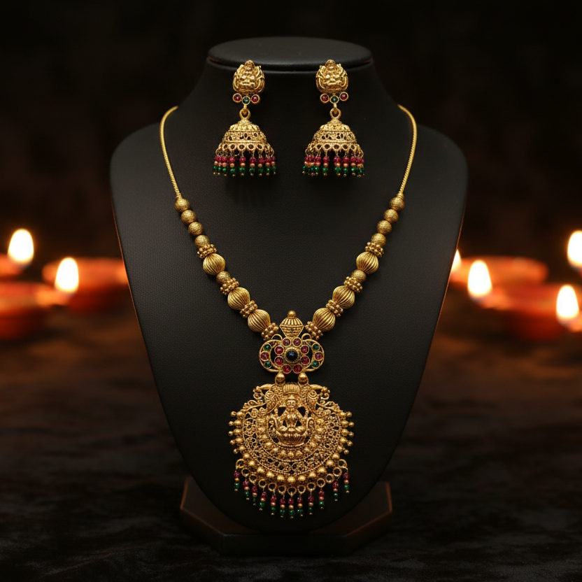 Premium Gold Plated Lakshmi Necklace Set