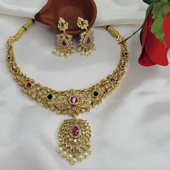 Traditional South Indian Jewellery Set with Pink and Green Gem Stones