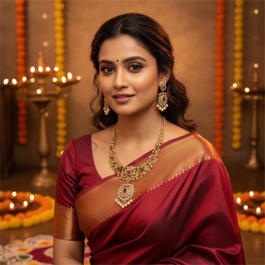 Traditional South Indian Jewellery Set with Pink and Green Gem Stones