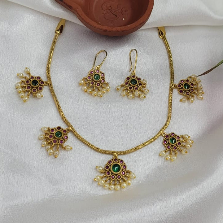 Flower Necklace Set with Green and Pink Gem Stones