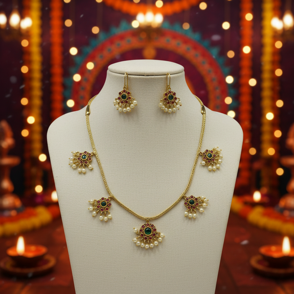 Flower Necklace Set with Green and Pink Gem Stones
