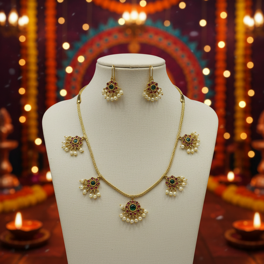 Flower Necklace Set with Green and Pink Gem Stones