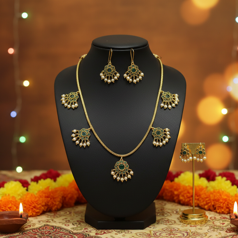 Flower Necklace with Green Gem Stones
