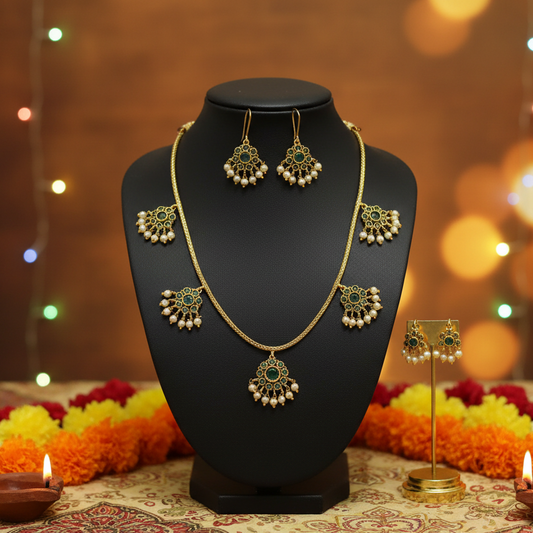 Flower Necklace with Green Gem Stones