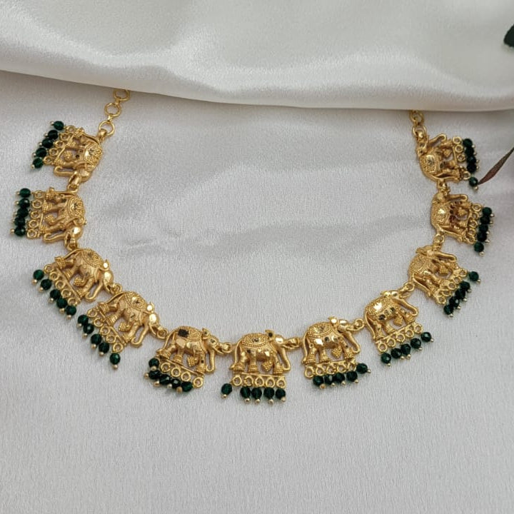 Elephant Motif Green Pearl Choker Necklace Set