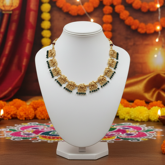 Elephant Motif Green Pearl Choker Necklace Set