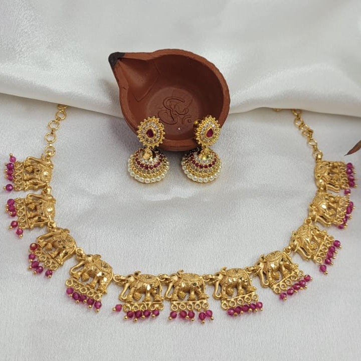 Elephant Motif Pink Gem Stone Choker Necklace Set
