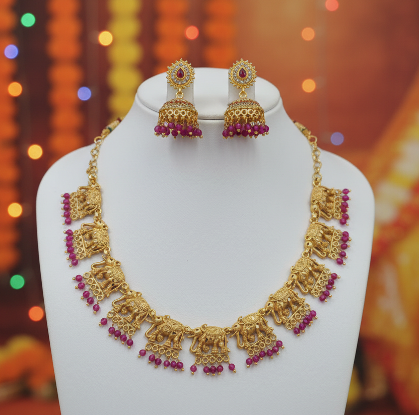 Elephant Motif Pink Gem Stone Choker Necklace Set
