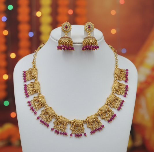 Elephant Motif Pink Gem Stone Choker Necklace Set