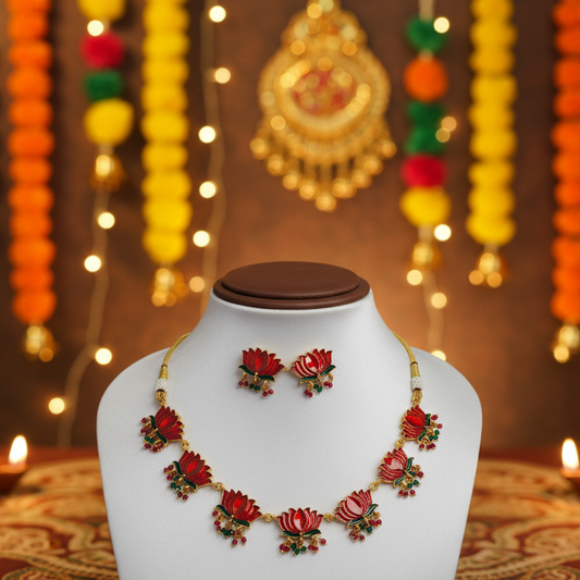 Lotus Design Choker Necklace and Earring Set For Wedding Festival