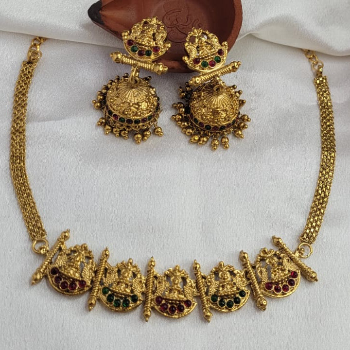 Traditional Antique Matte Finish Lakshmi Motif Choker Necklace Set