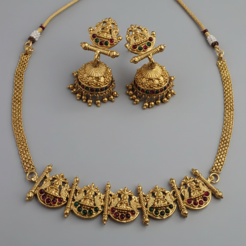 Traditional Antique Matte Finish Lakshmi Motif Choker Necklace Set