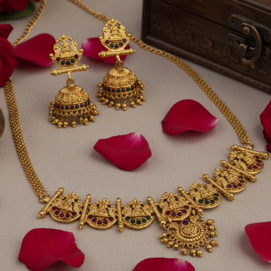 Traditional Antique Matte Finish Lakshmi Motif Choker Necklace Set