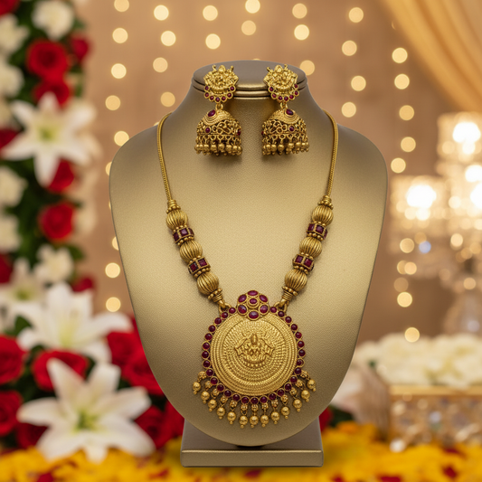 Antique Matte Finish Goddess Lakshmi Necklace set with Red Gem Stones