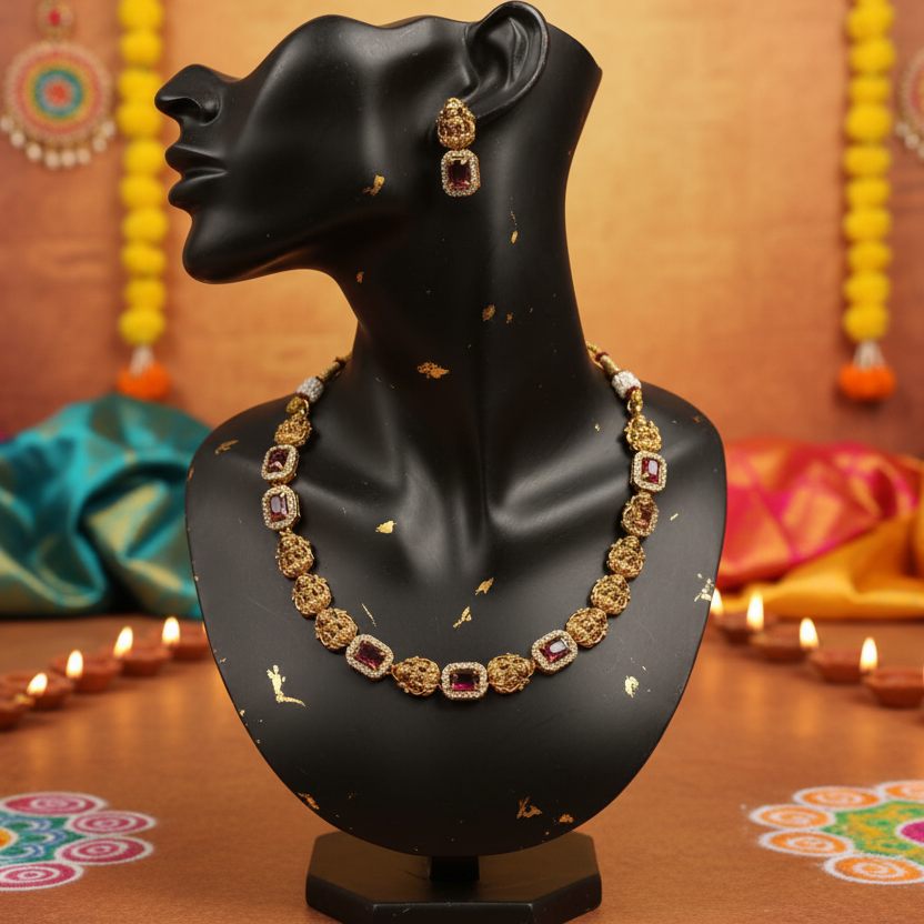 Antique Gold Lakshmi Motif Choker Necklace Set with Red Gem Stones
