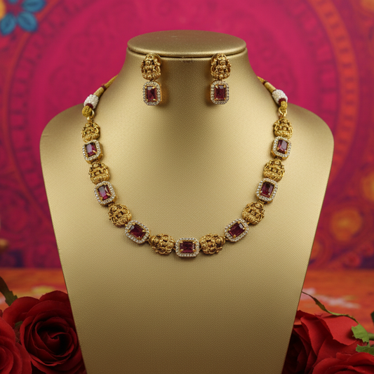 Antique Gold Lakshmi Motif Choker Necklace Set with Red Gem Stones