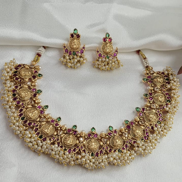 Traditional Matte Finish Lakshmi Motif Temple Necklace Set