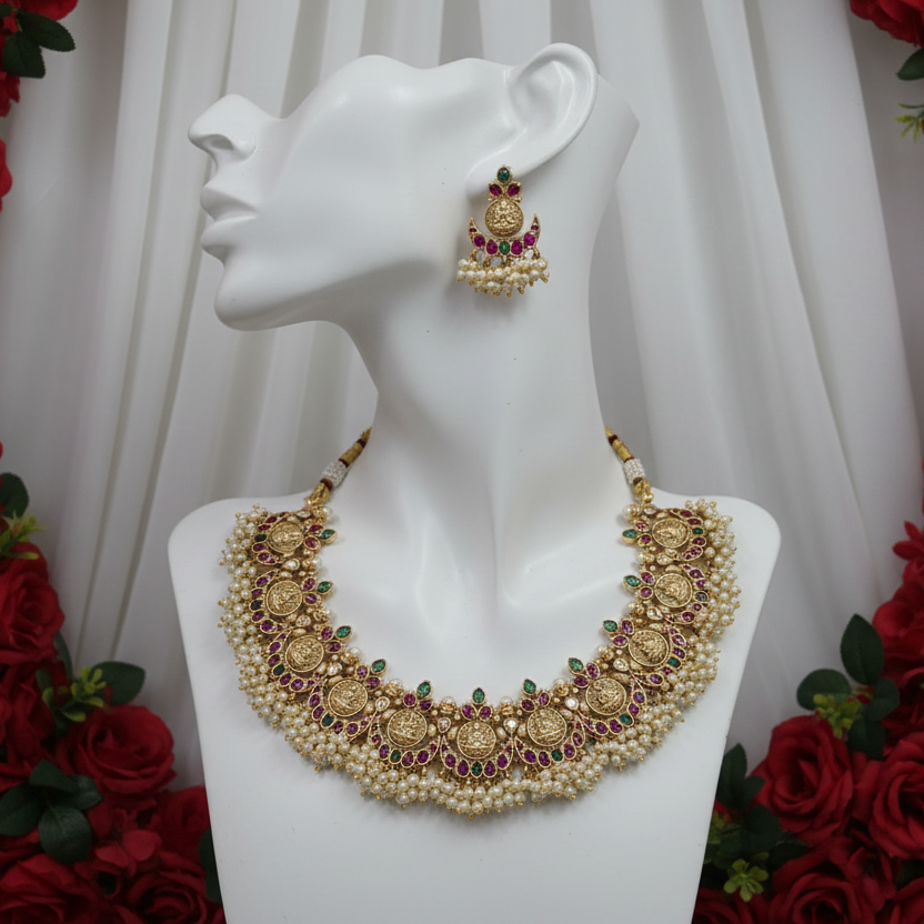 Traditional Matte Finish Lakshmi Motif Temple Necklace Set