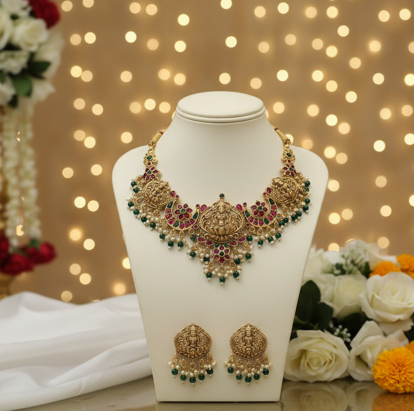 Traditional South Indian Lakshmi Motif Temple Jewelley set for Women