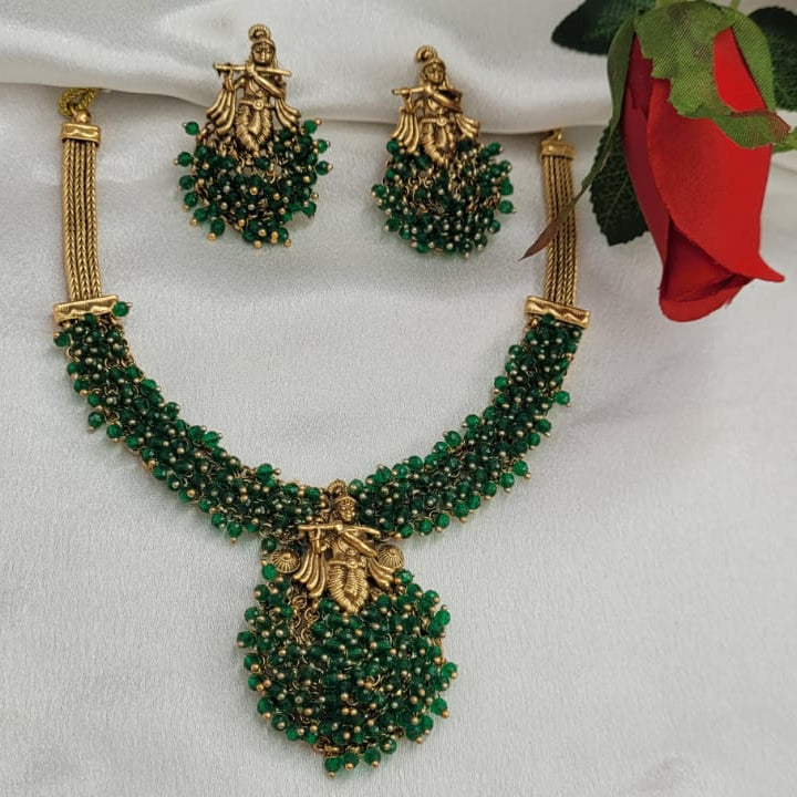 Premium Quality Golden Temple Necklace with Green Beads