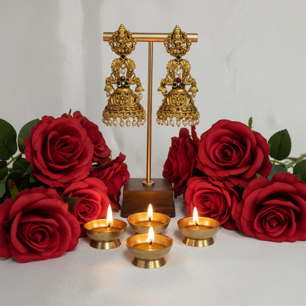 Antique Gold Lakshmi Jhumki Earrings
