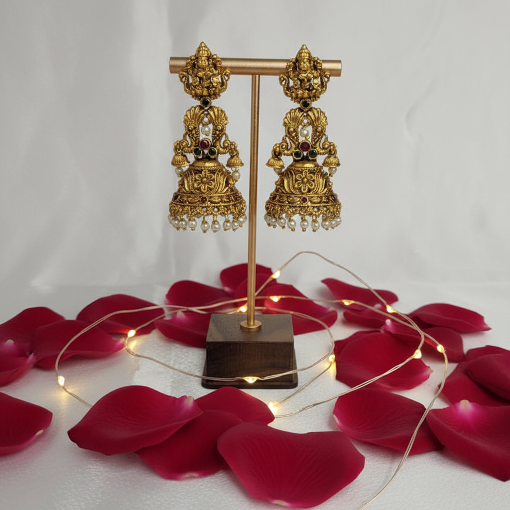 Antique Gold Lakshmi Jhumki Earrings