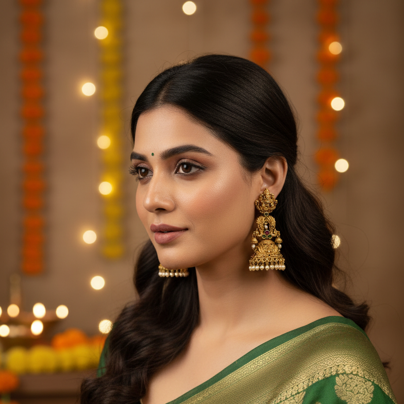 Antique Gold Lakshmi Jhumki Earrings