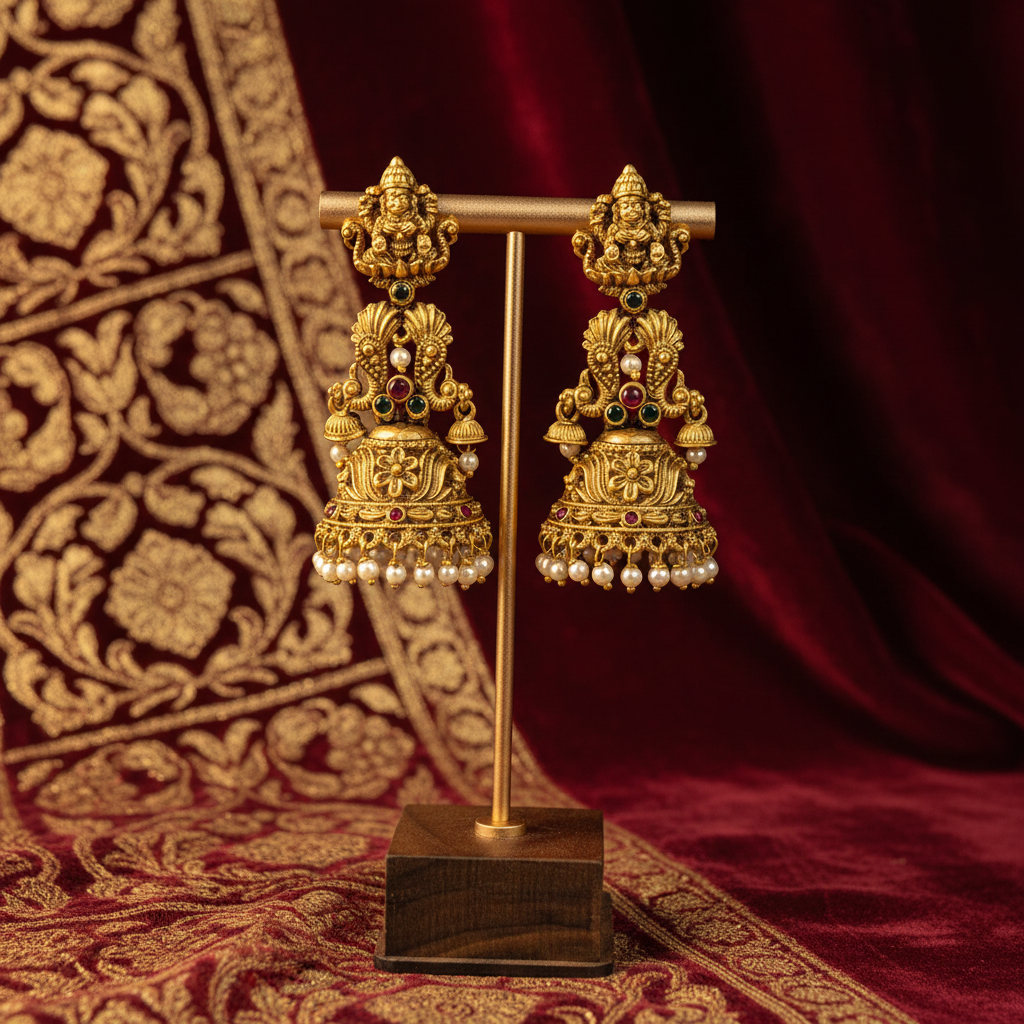 Antique Gold Lakshmi Jhumki Earrings