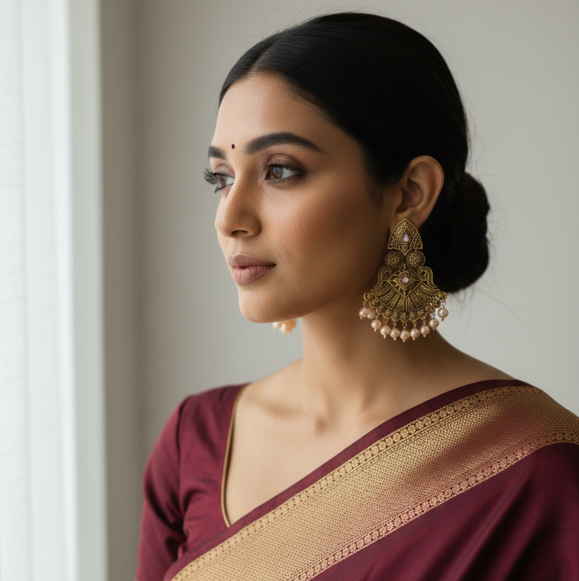 Rajwadi Pearl Fan Earrings