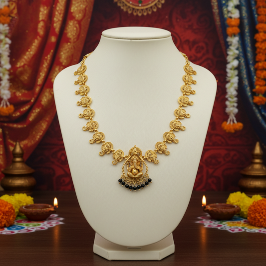 Traditional Gold Plated Elephant Motif Temple Necklace Set