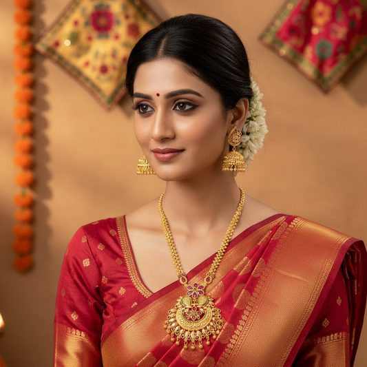 Traditional Gold Plated Necklace Set with Pink & Green Gem Stones