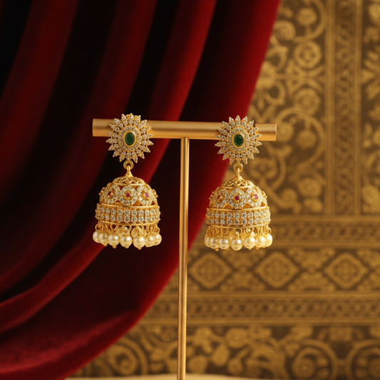 Gold Plated Green & Pink Gem Stone Jhumkis