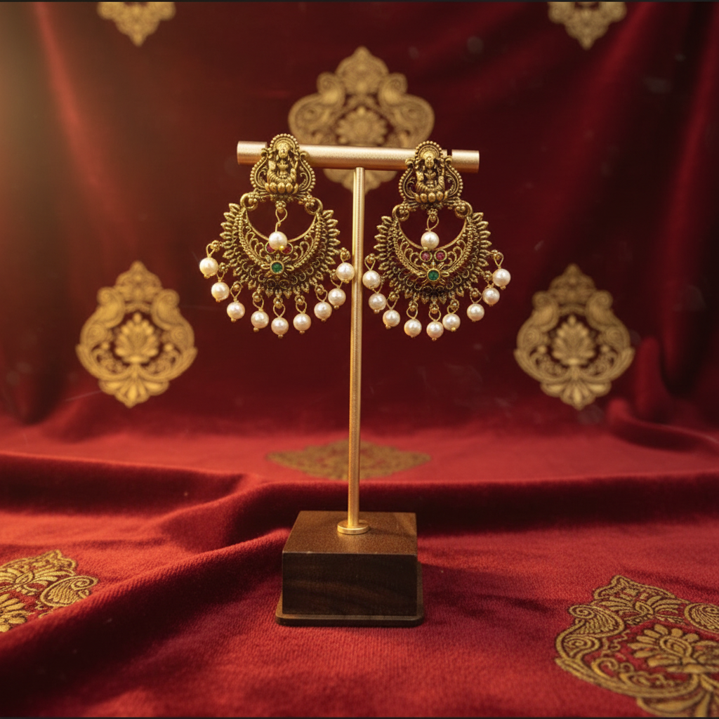 Antique Temple Chandbali Earrings with Pearl Fringe