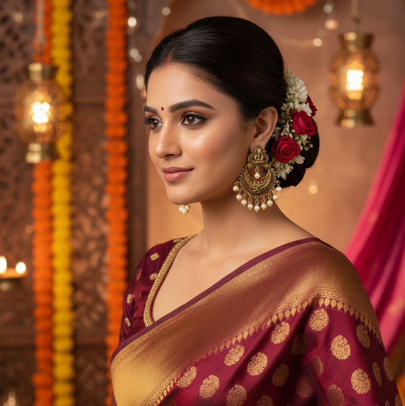 Antique Temple Chandbali Earrings with Pearl Fringe