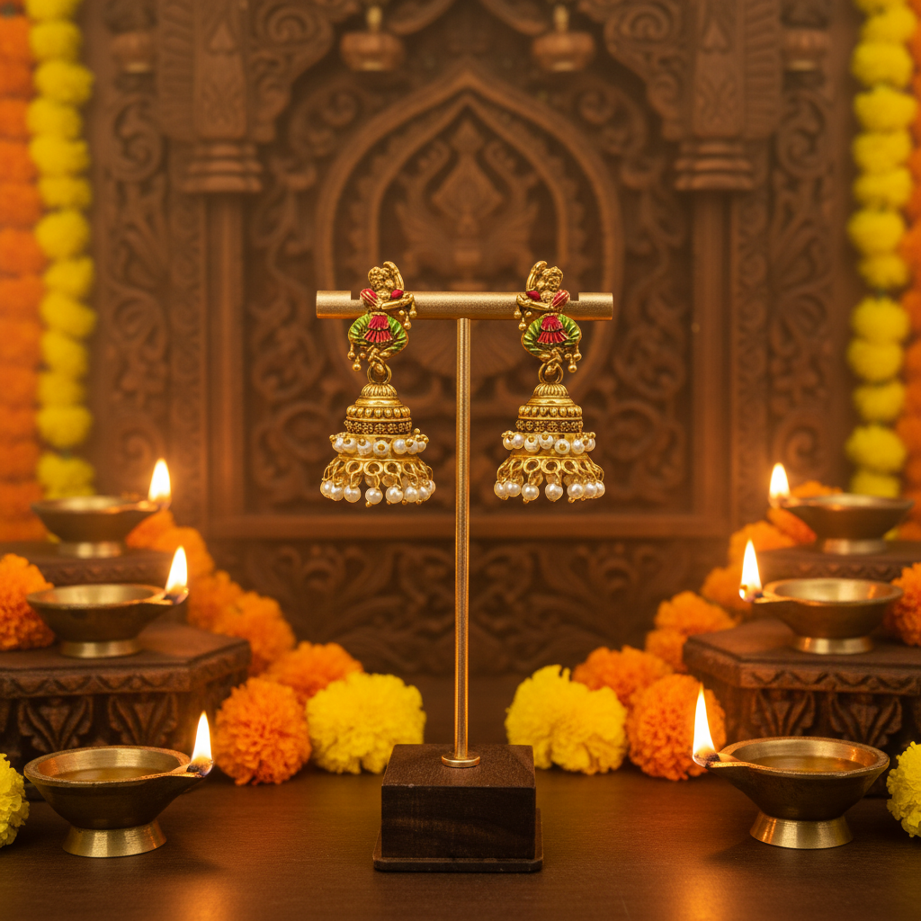 Floral Meenakari Jhumka Earrings with Pearl Drops
